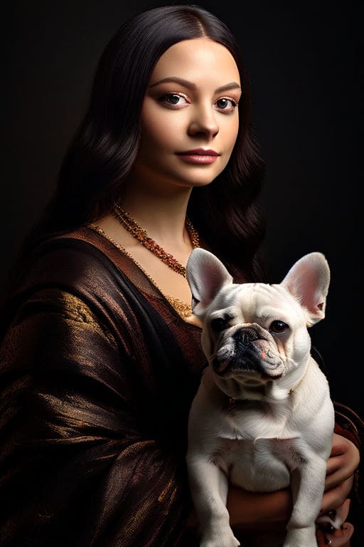 AI painting of mona lisa holding a french bulldog