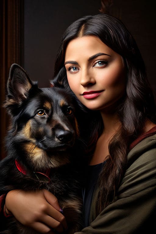 AI painting of mona lisa holding a german shepherd