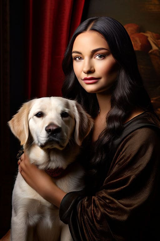 AI painting of mona lisa holding a labrador retriever