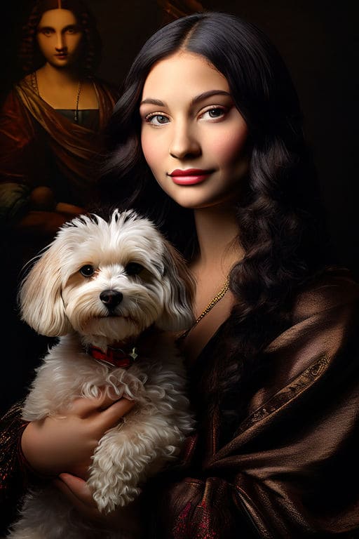 AI painting of mona lisa holding a poodle
