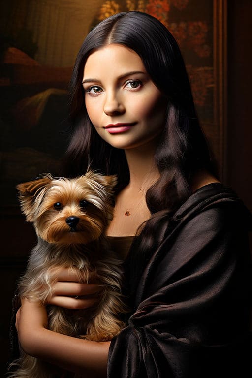AI painting of mona lisa holding a yorkshire terrier