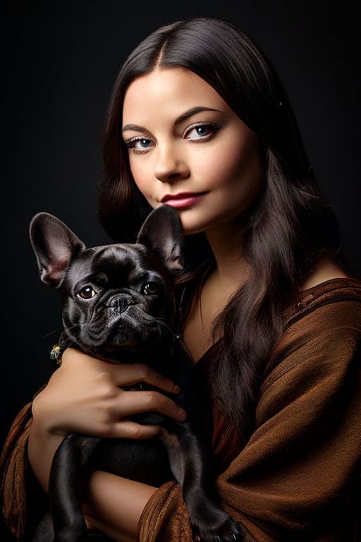 AI painting of mona lisa holding a french bulldog