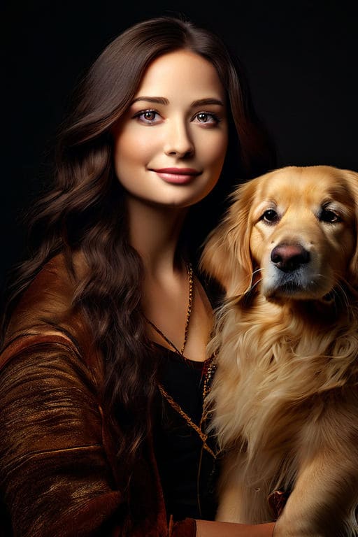 AI photo painting of mona lisa holding a golden retriever