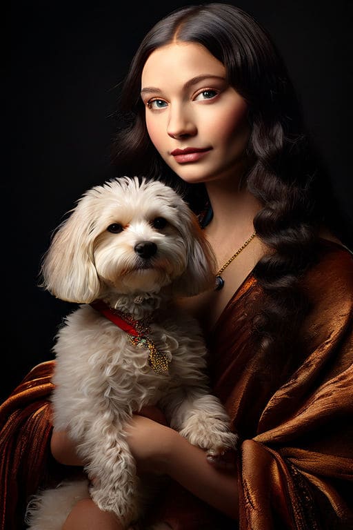 AI photo painting of mona lisa holding a poodle