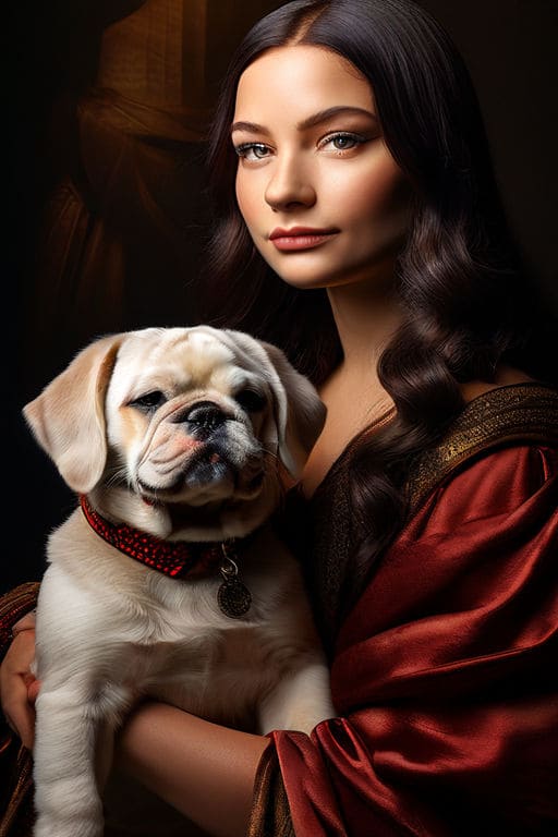 AI photo painting of mona lisa holding a bulldog