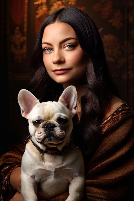 AI photo painting of mona lisa holding a bulldog
