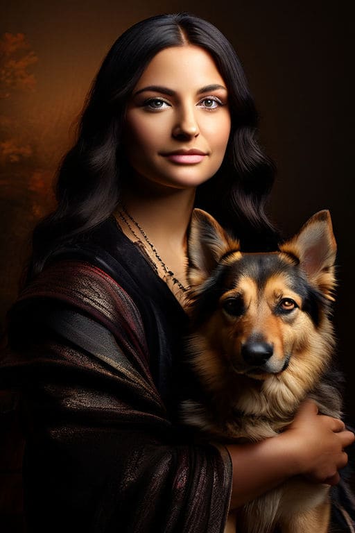 AI photo painting of mona lisa holding a german shepherd