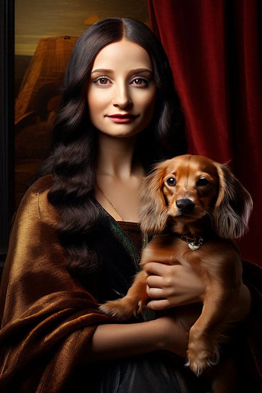 AI photo painting of mona lisa holding a dachshund