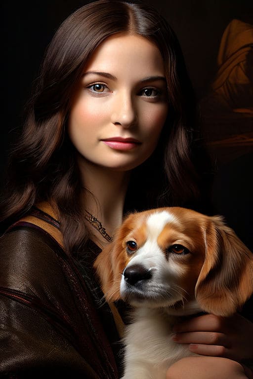 mona lisa holding a beagle
