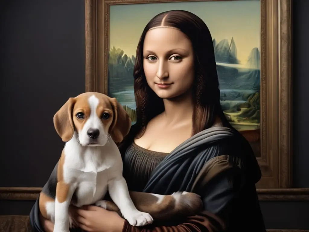 painting of Mona Lisa holding a dog