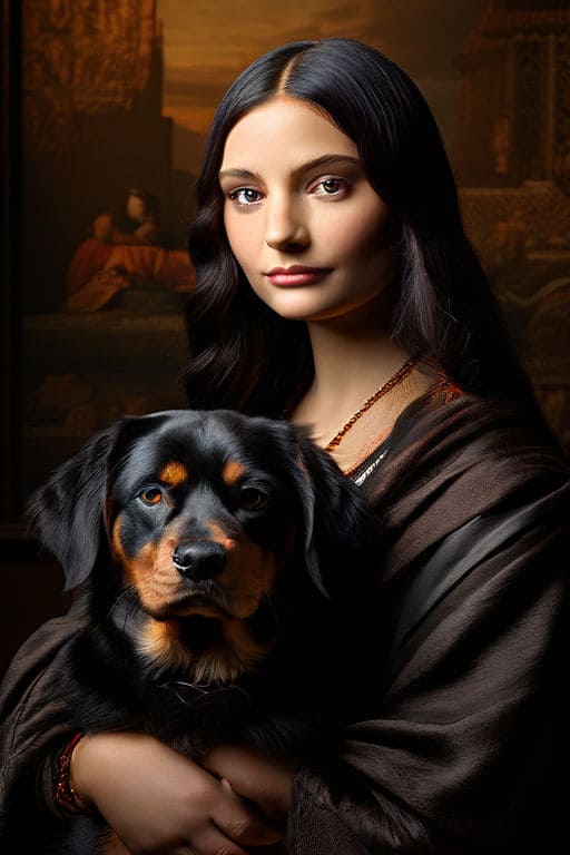 painting of mona lisa holding a rottweiler