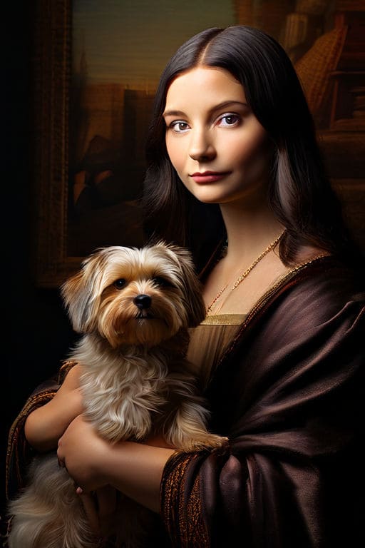 painting of mona lisa holding a yorkshire terrier