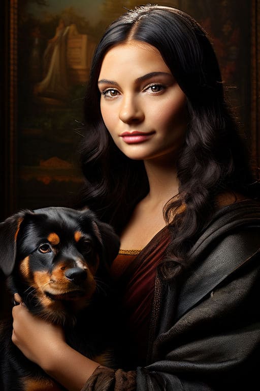 photorealistic painting of mona lisa holding a rottweiler