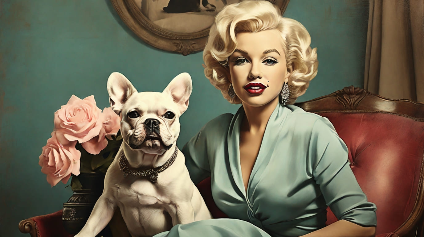Painting of Marilyn Monroe next to a French Bulldog