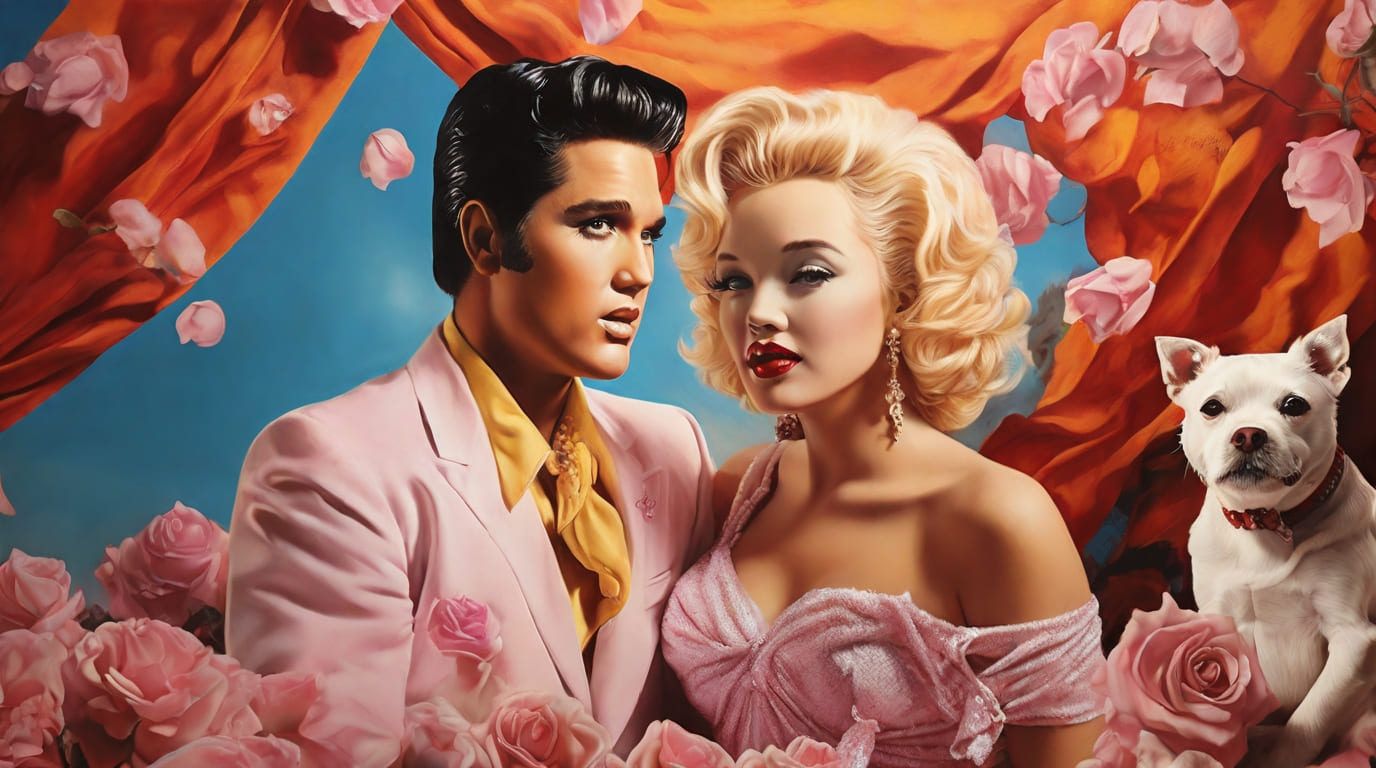 Painting of Elvis-Presley and Marilyn Monroe next to a French Bulldog