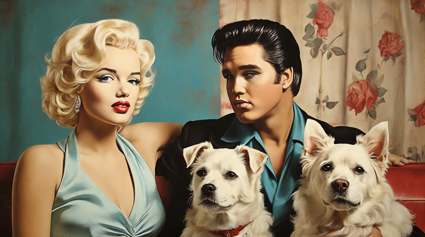 Painting of Elvis-Presley and Marilyn Monroe next to a Maltese