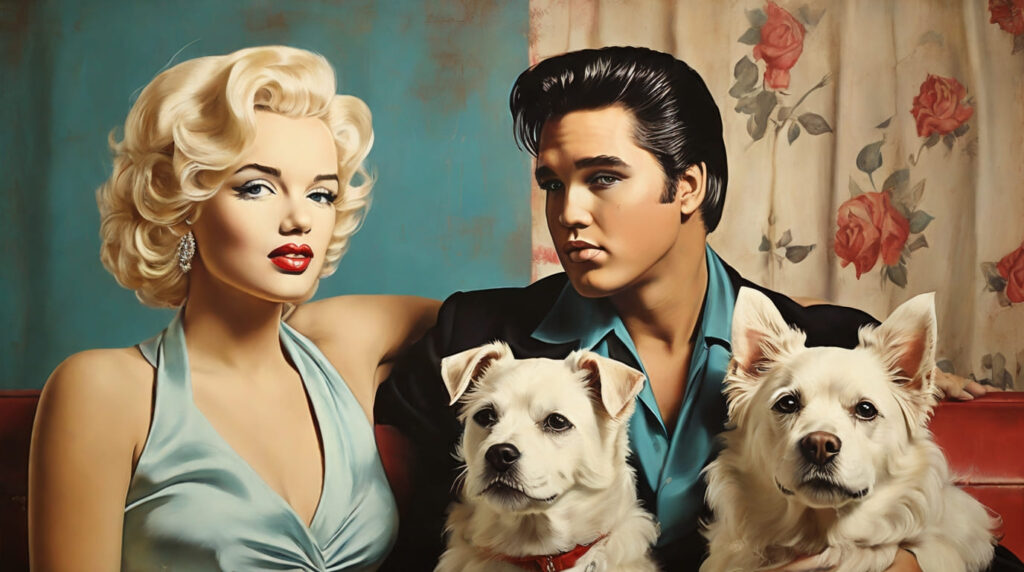 Famous Figures with Dogs. Painting of Elvis Presley and Marilyn Monroe next to a Maltese