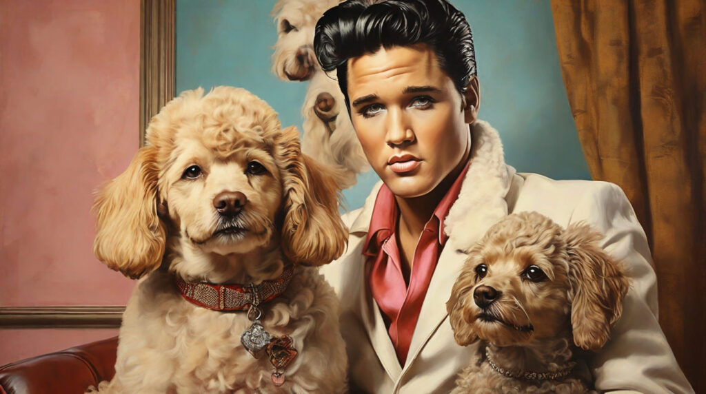 Painting-of-Elvis-Presley-next-to-a-Poodle Famous Figures with Dogs. Painting of Elvis Presley next to a Poodle