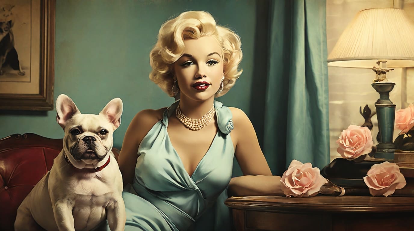 Painting of Marilyn Monroe next to a French Bulldog