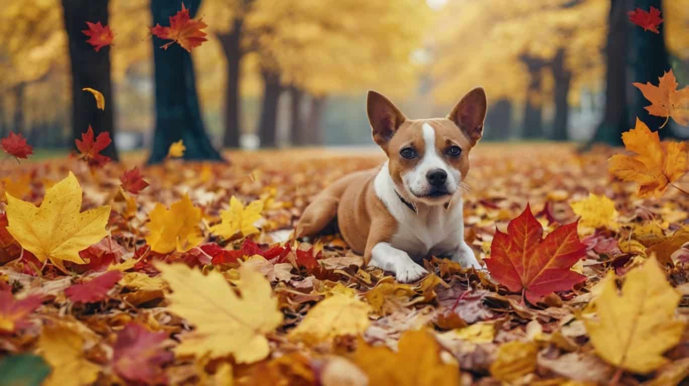 pets playing in colorful fall leaves