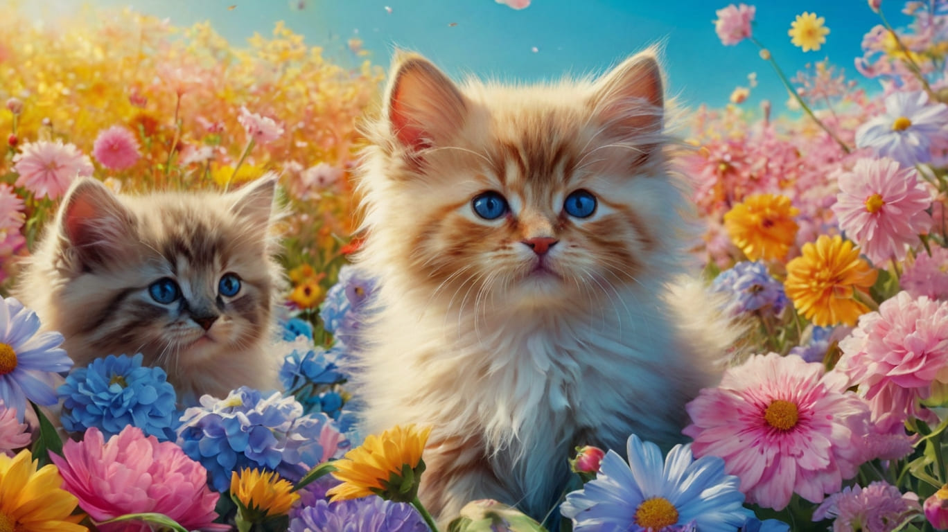 Springtime Pups and Kittens in Blooming Gardens