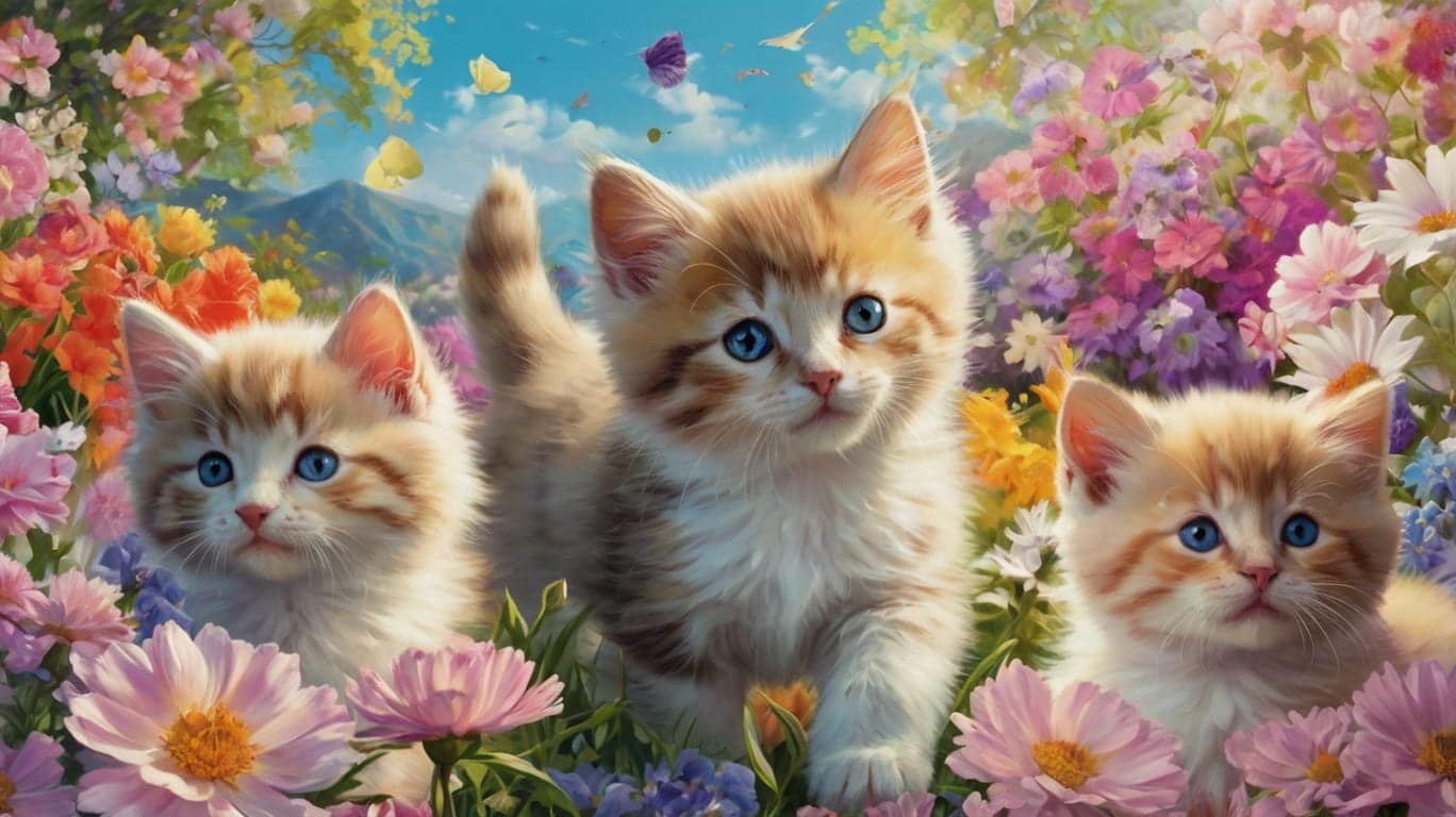 Springtime Pups and Kittens in Blooming Gardens