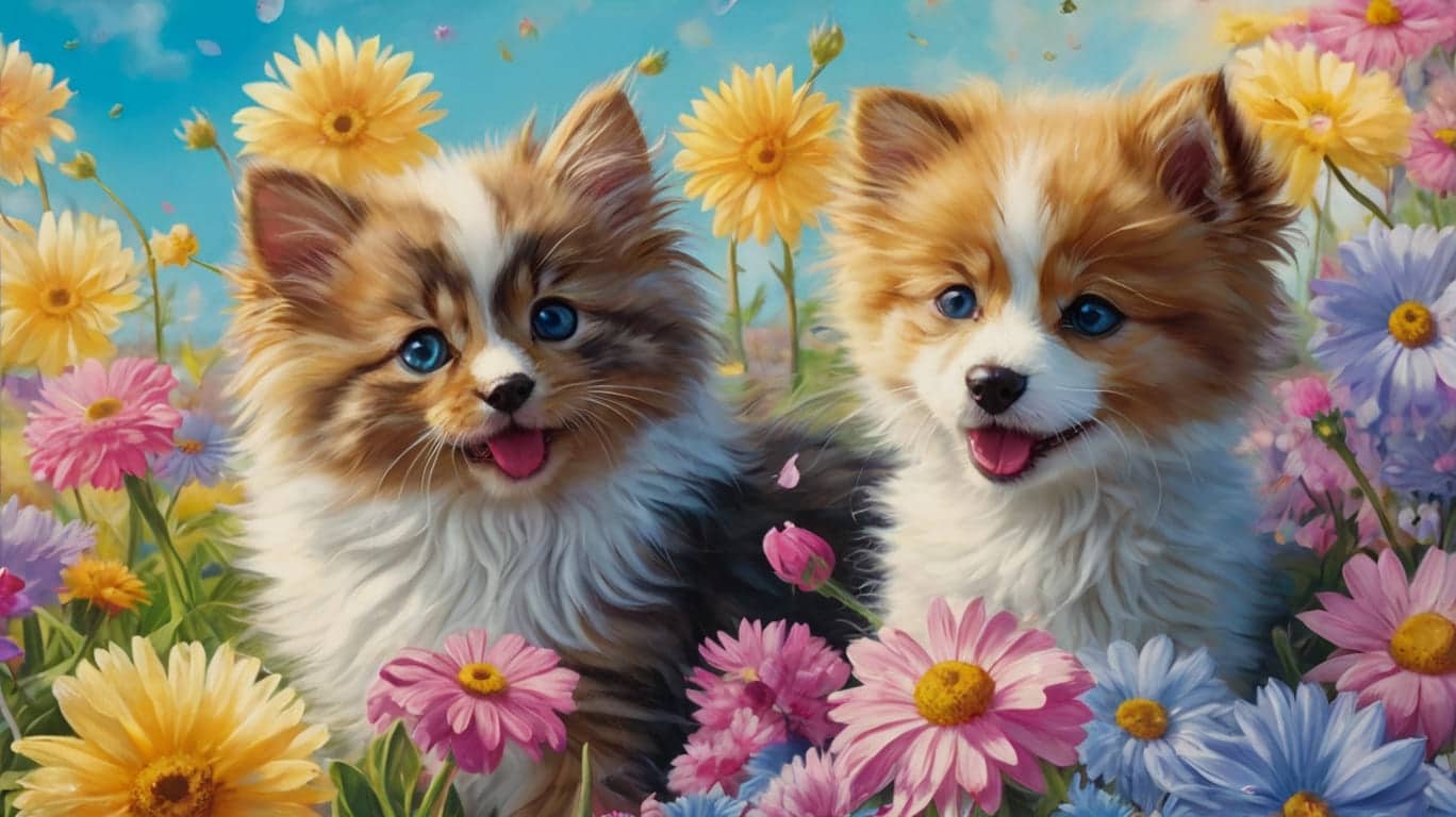Springtime Pups and Kittens in Blooming Gardens