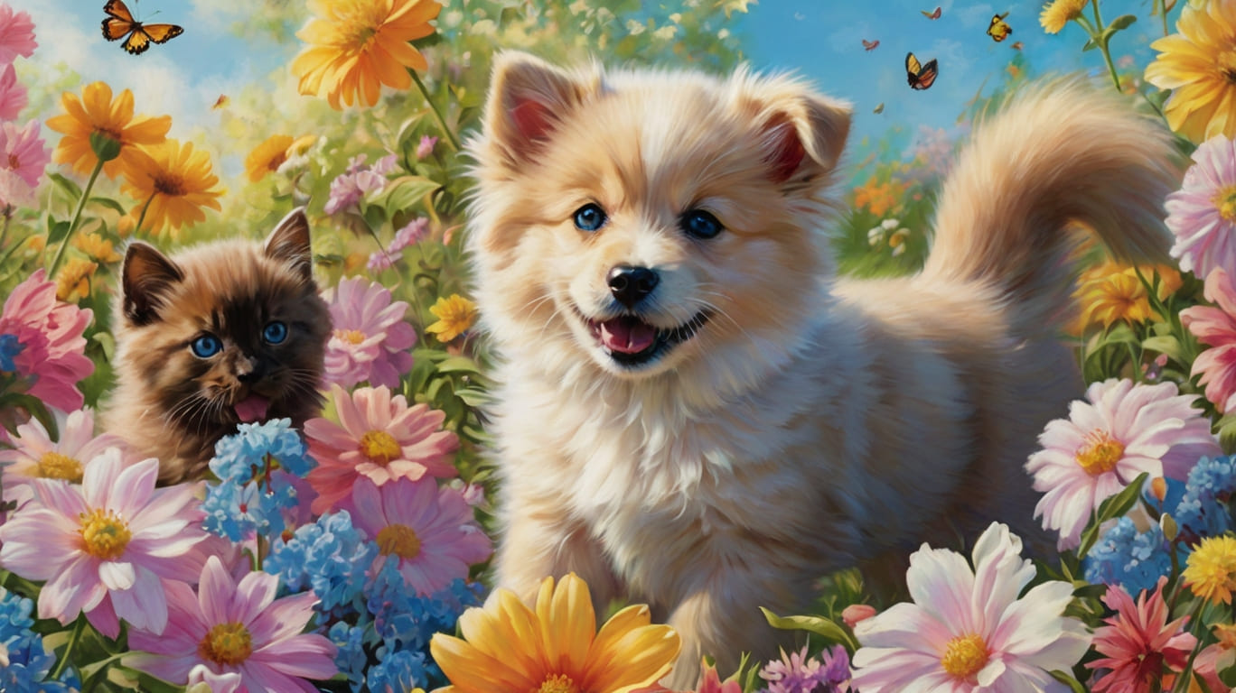 Springtime Pups and Kittens in Blooming Gardens
