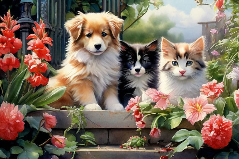Springtime Pups and Kittens in Blooming Gardens