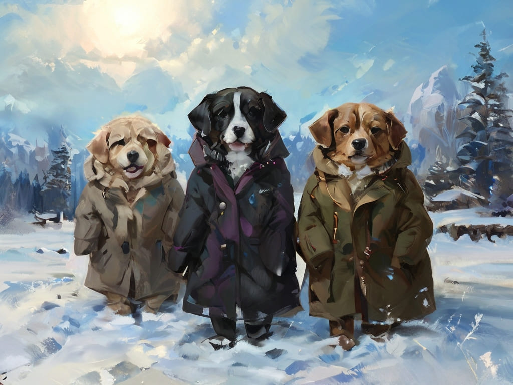 Pets dressed in coats in cozy winter scenes