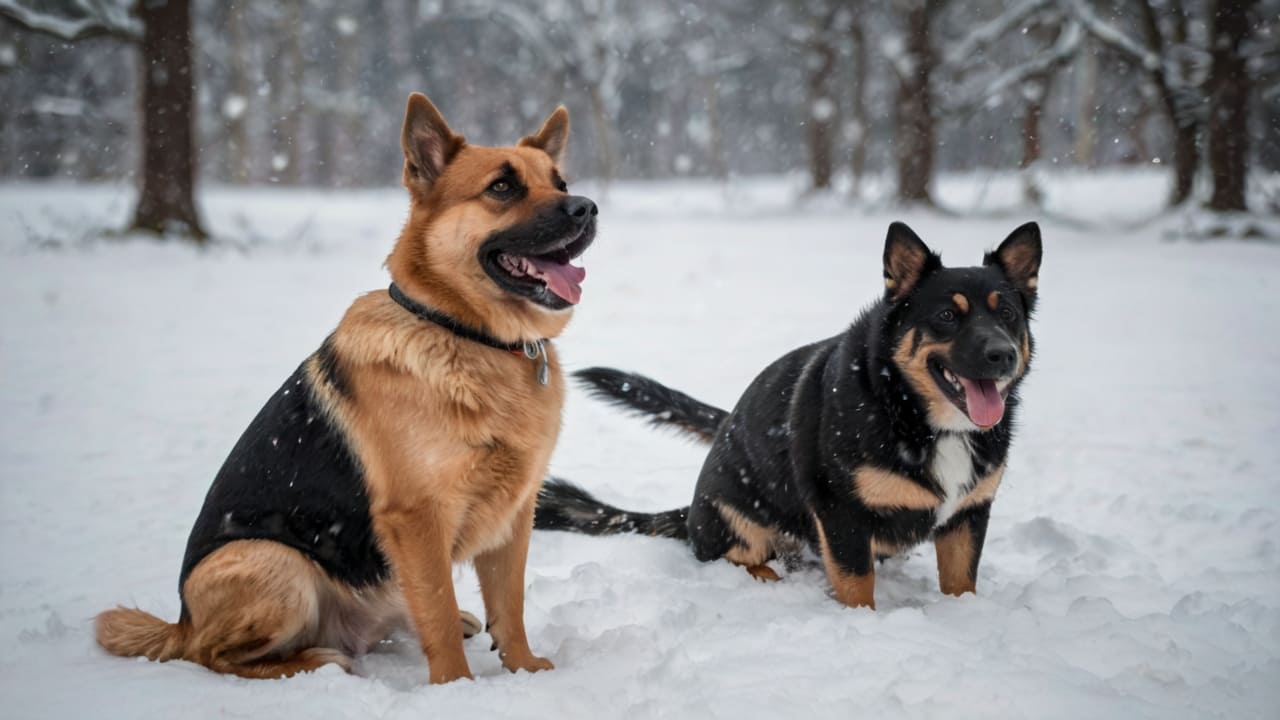 furry companions play in enchanting snowy landscapes