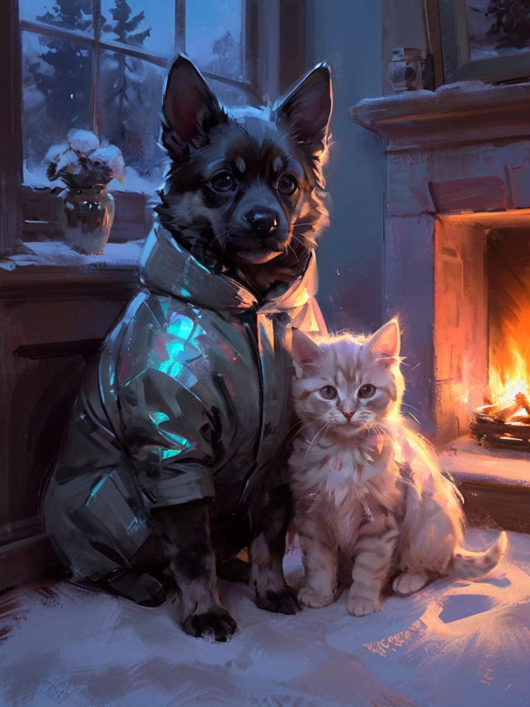 Winter scenes a puppy and a kitten