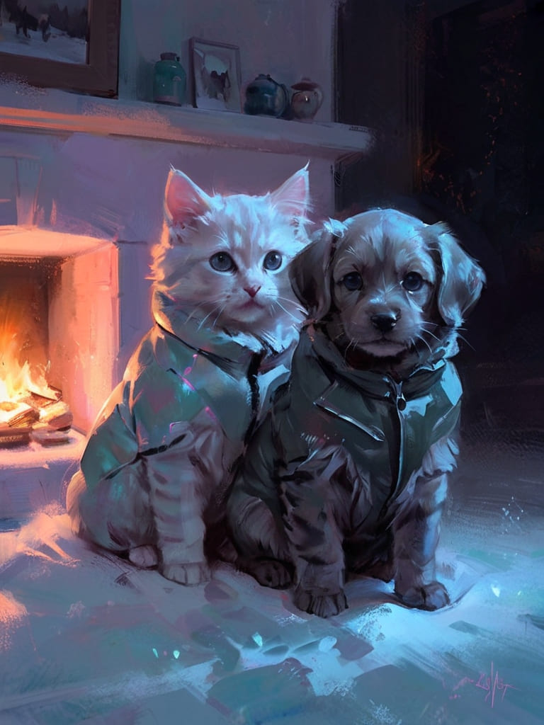 Winter scenes a puppy and a kitten