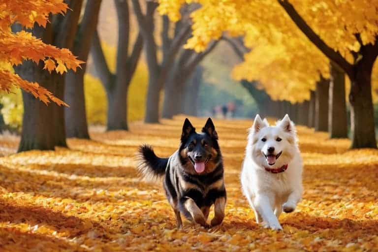 Autumn - pets playing in colorful fall leaves