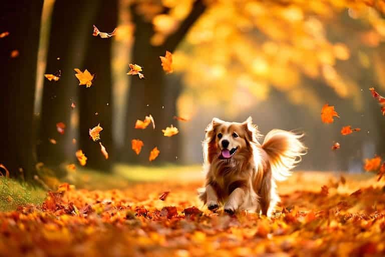Autumn - pets playing in colorful fall leaves