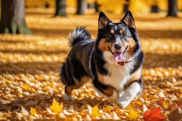 Autumn - pets playing in colorful fall leaves