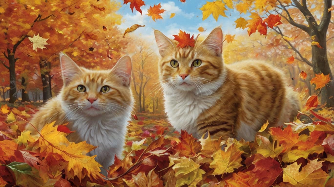 Autumn - pets playing in colorful fall leaves