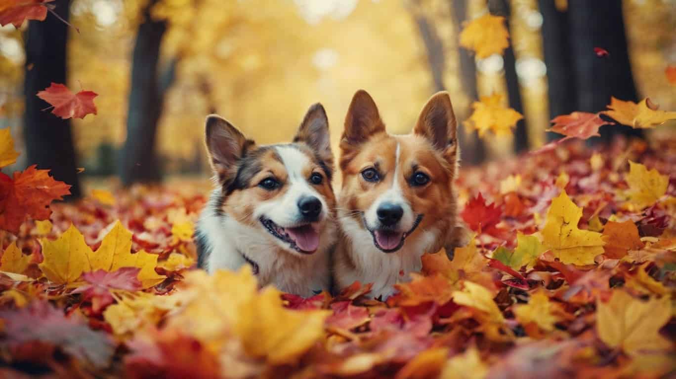 Autumn - pets playing in colorful fall leaves