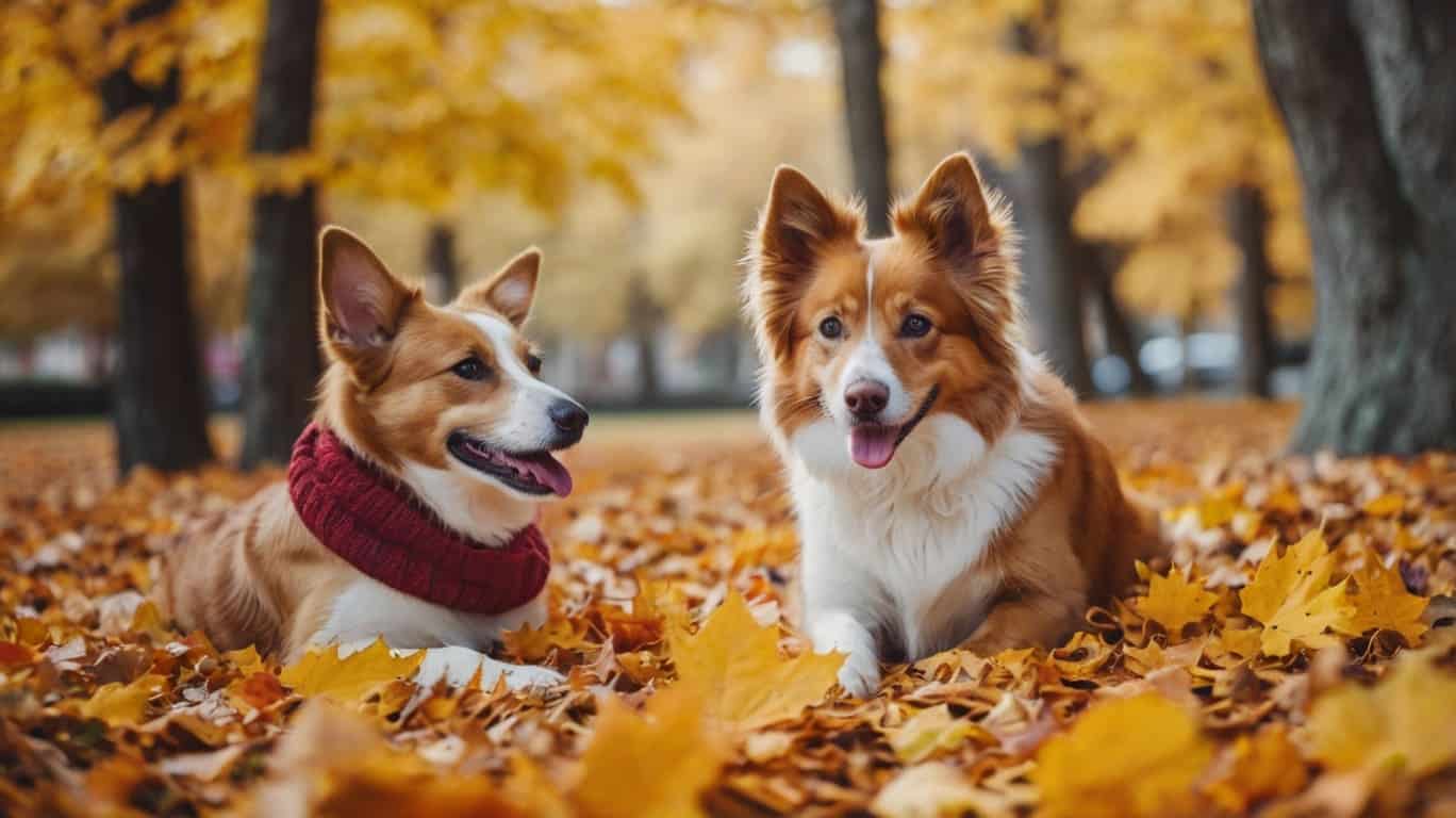 Autumn - pets playing in colorful fall leaves