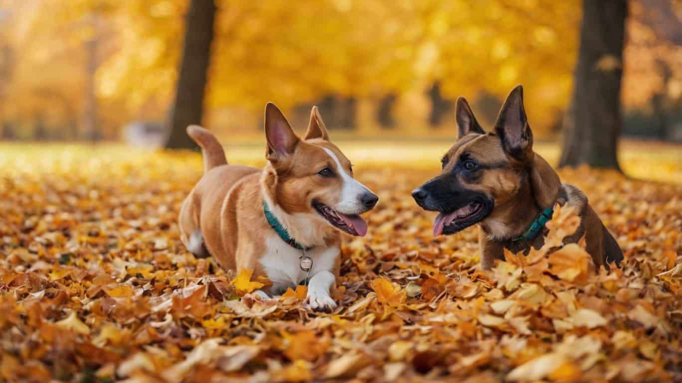 Autumn - pets playing in colorful fall leaves