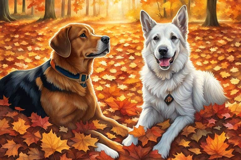Autumn - pets playing in colorful fall leaves