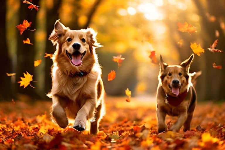 Autumn - pets playing in colorful fall leaves