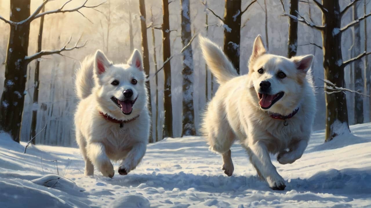 furry companions play in enchanting snowy landscapes