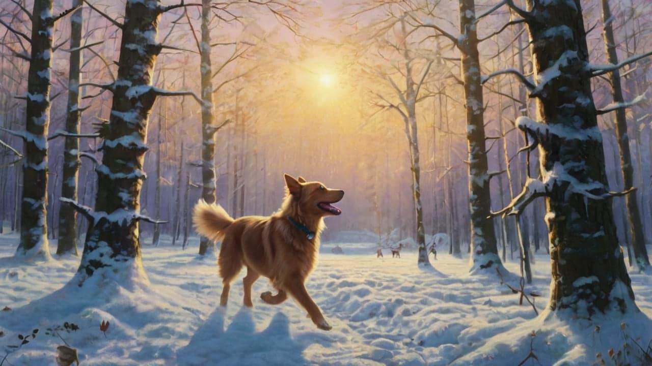 furry companions play in enchanting snowy landscapes