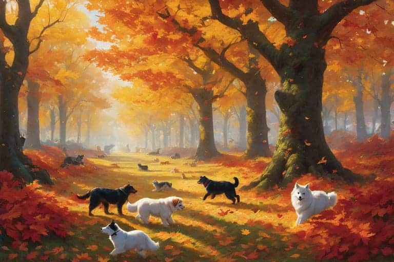 pets playing in colorful fall leaves