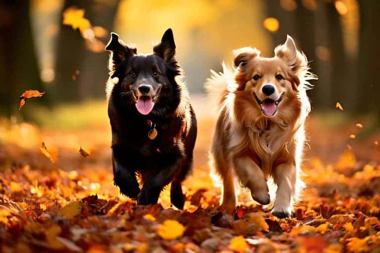 pets playing in colorful fall leaves