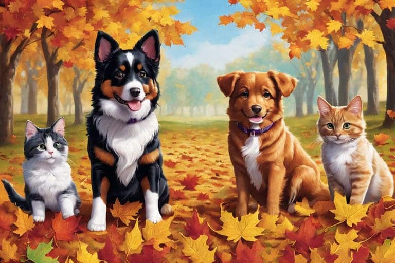 pets playing in colorful fall leaves
