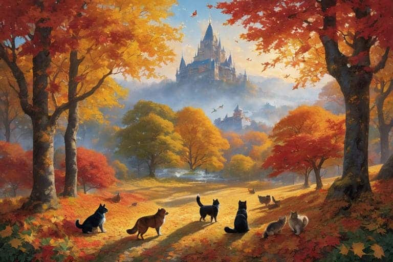 pets playing in colorful fall leaves