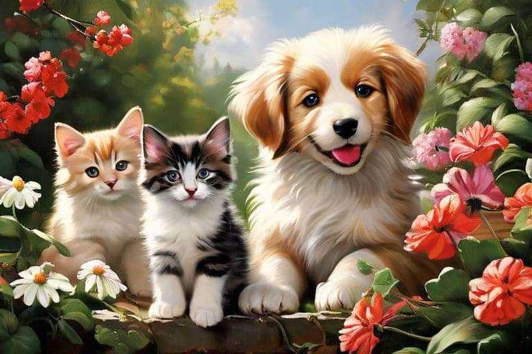 puppies and kittens in gardens