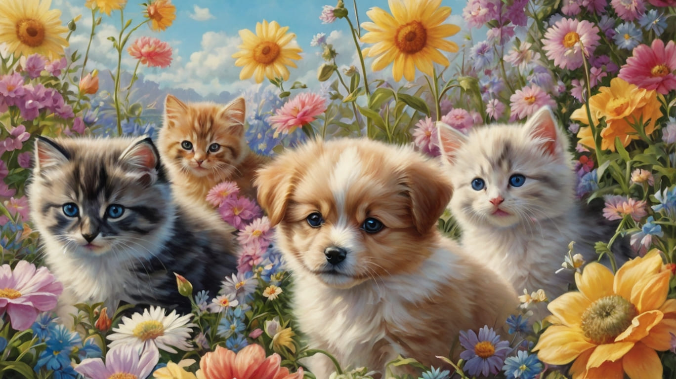 puppies and kittens in gardens